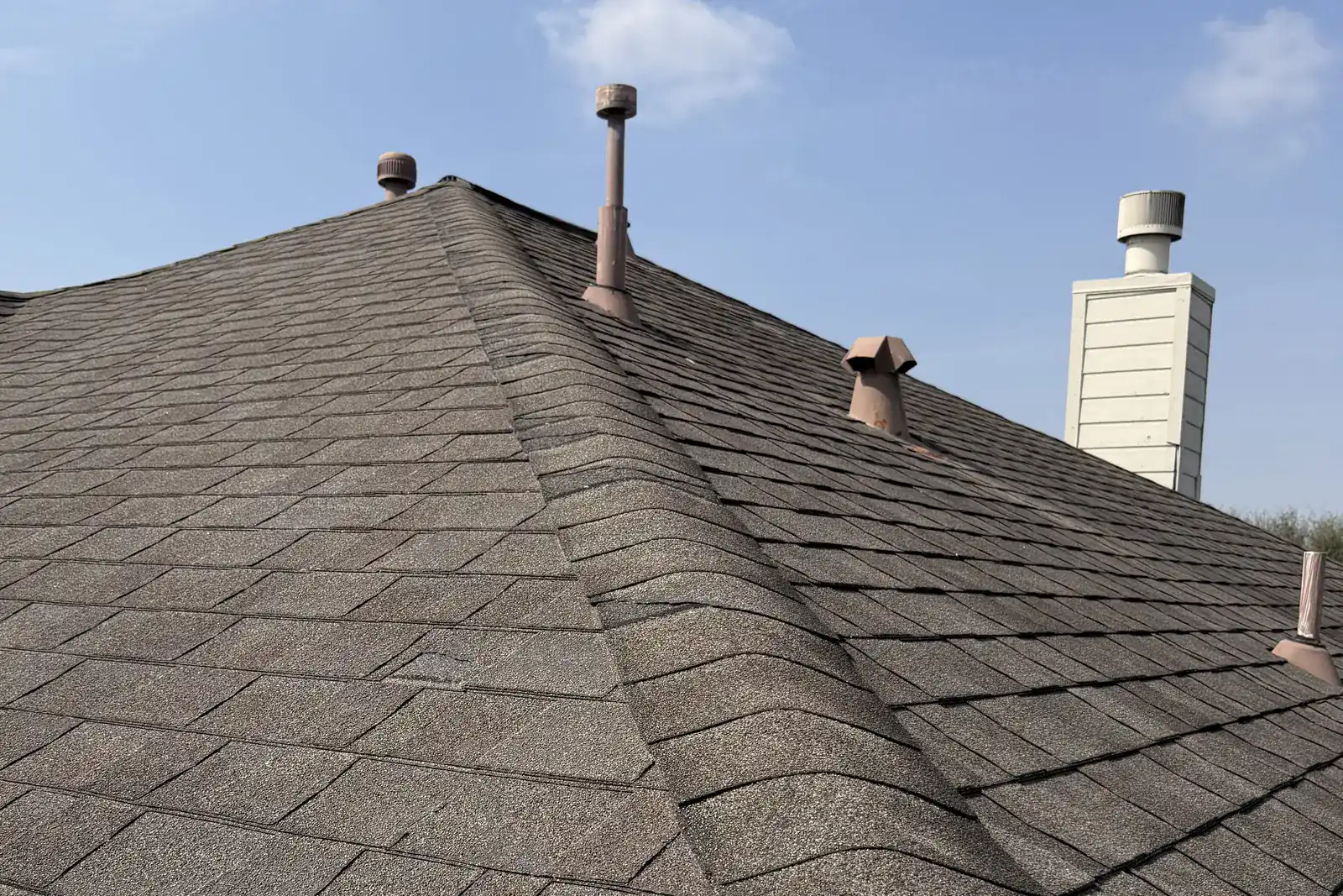 Architectural shingles, ridge caps, roof penetrations, and gutter detail.
